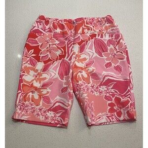 IBKUL Size 4 Pink Floral Tropical Bermuda Elastic Waist Pull On Golf Shorts